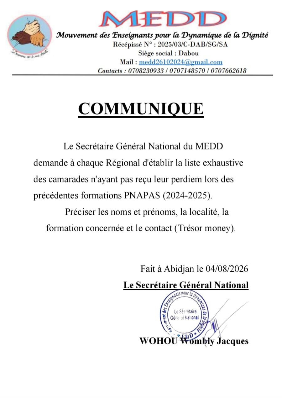 Communiqué relatif aux perdiems des formations PNAPAS 2024-2025